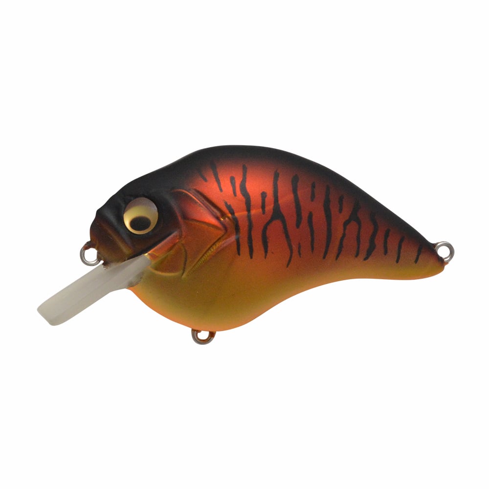 The Megabass S-Crank Squarebill Crankbait features a fish-shaped body with orange and black stripes, a yellow eye, and a clear diving lip—ideal for enticing strikes.