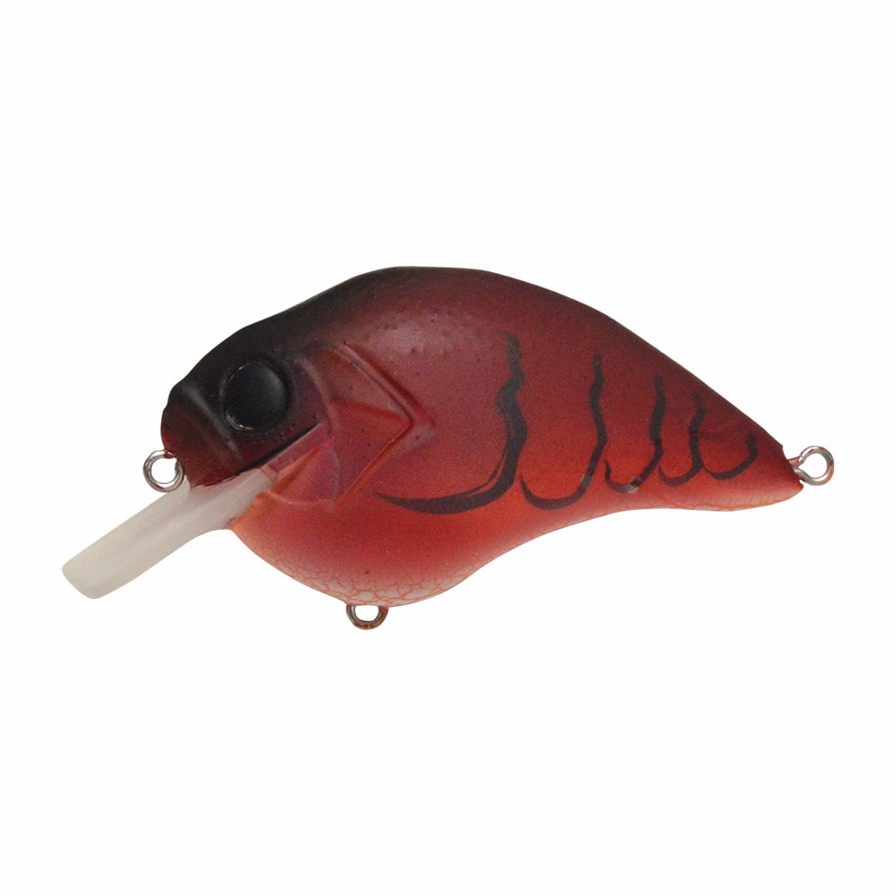 The Megabass S-Crank Squarebill Crankbait by Megabass is a red and black lure shaped like a small fish, with a white plastic diving lip and two metal attachment rings on the top and bottom.