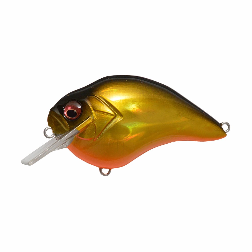 The Megabass S-Crank Squarebill Crankbait features a gold and black fish shape, red eye, clear lip, orange underside detail, and Megabass’s signature square bill design for lively swimming action.
