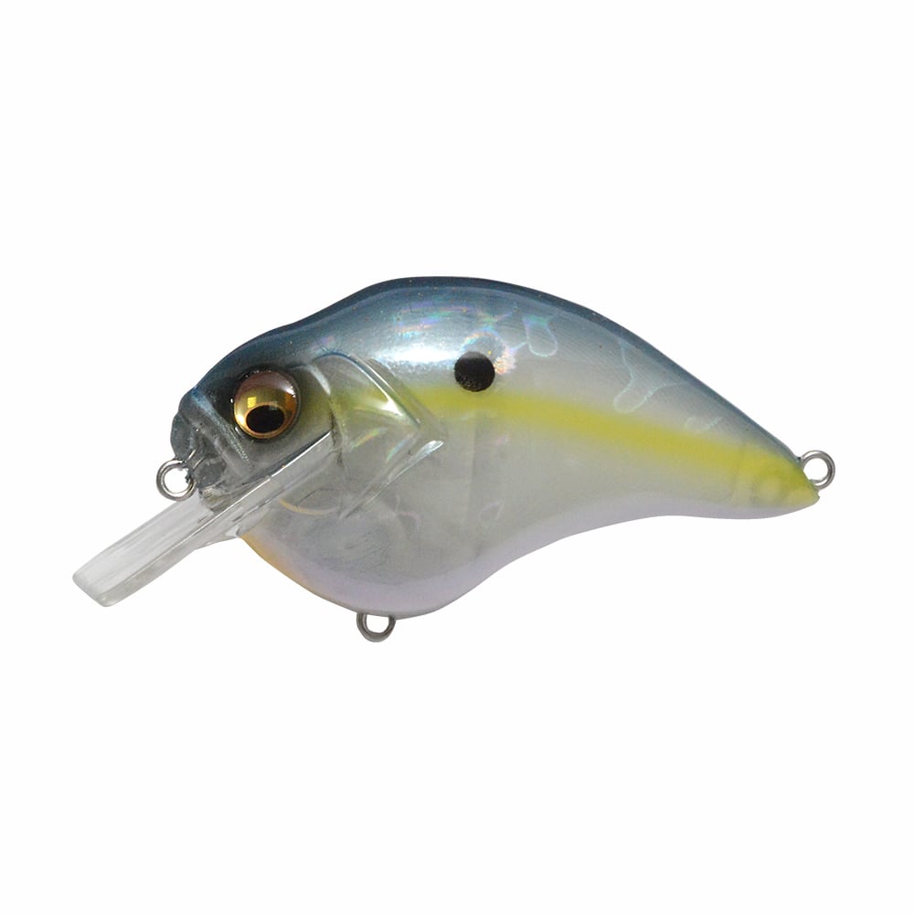 The Megabass S-Crank Squarebill Crankbait by Megabass features a realistic fish shape, blue and silver finish, clear plastic lip, yellow accents, and a lifelike eye—expertly crafted to attract fish.