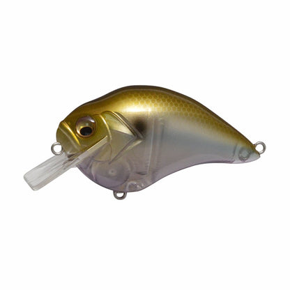 The Megabass S-Crank Squarebill Crankbait is a gold and silver lure shaped like a small fish, featuring a clear plastic lip at the front and attachment rings on the top and bottom.