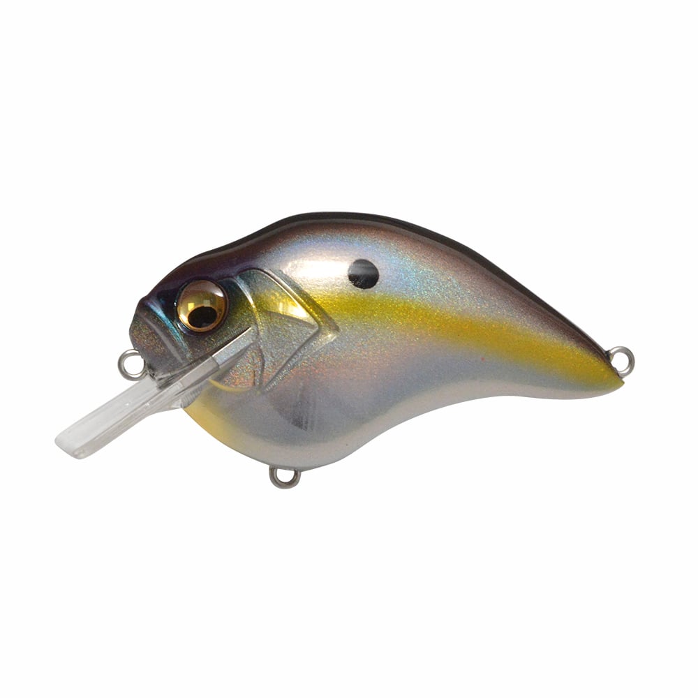 The Megabass S-Crank Squarebill Crankbait is a lifelike lure with a shiny finish, yellow stripe, large eye, and clear plastic bill for diving. It features attachment loops on the top and front.