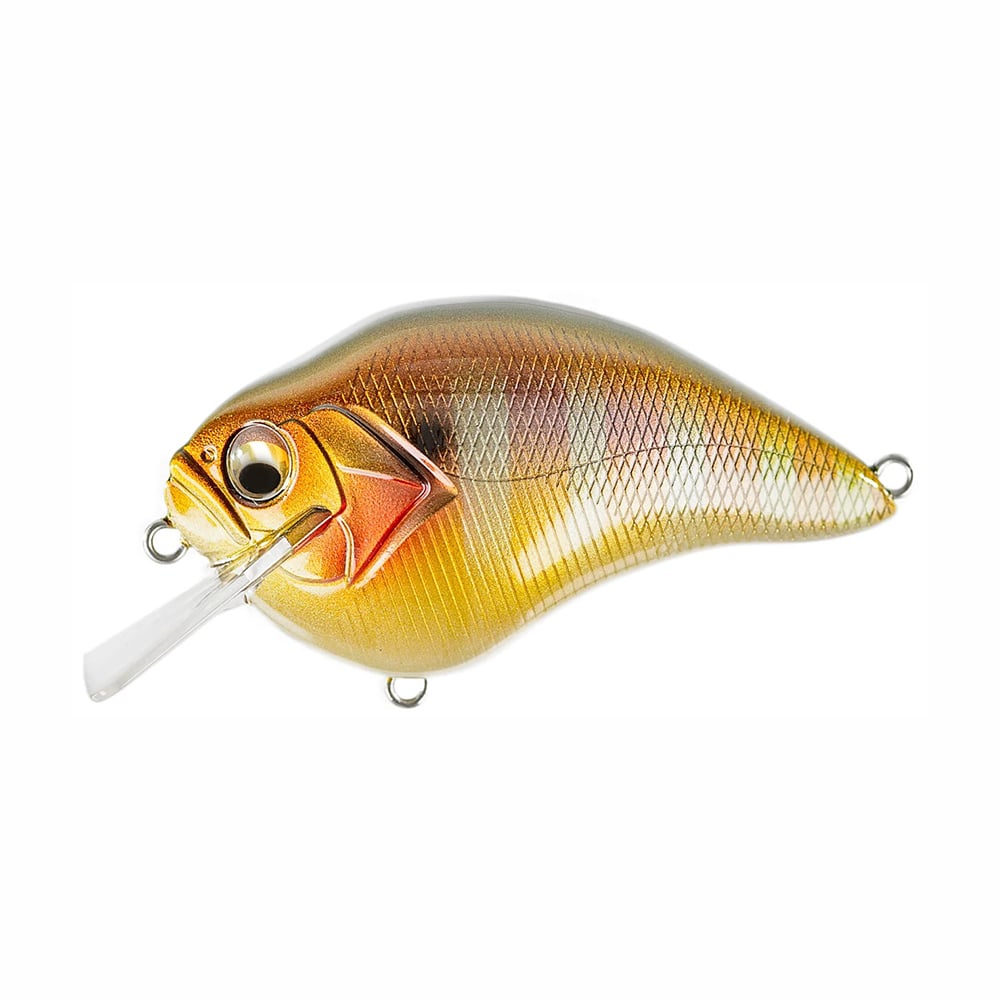 The Megabass S-Crank Squarebill Crankbait features a gold and orange fish-shaped design with lifelike eyes, textured scales, and a clear plastic lip for diving, expertly crafted by Megabass to attract fish.