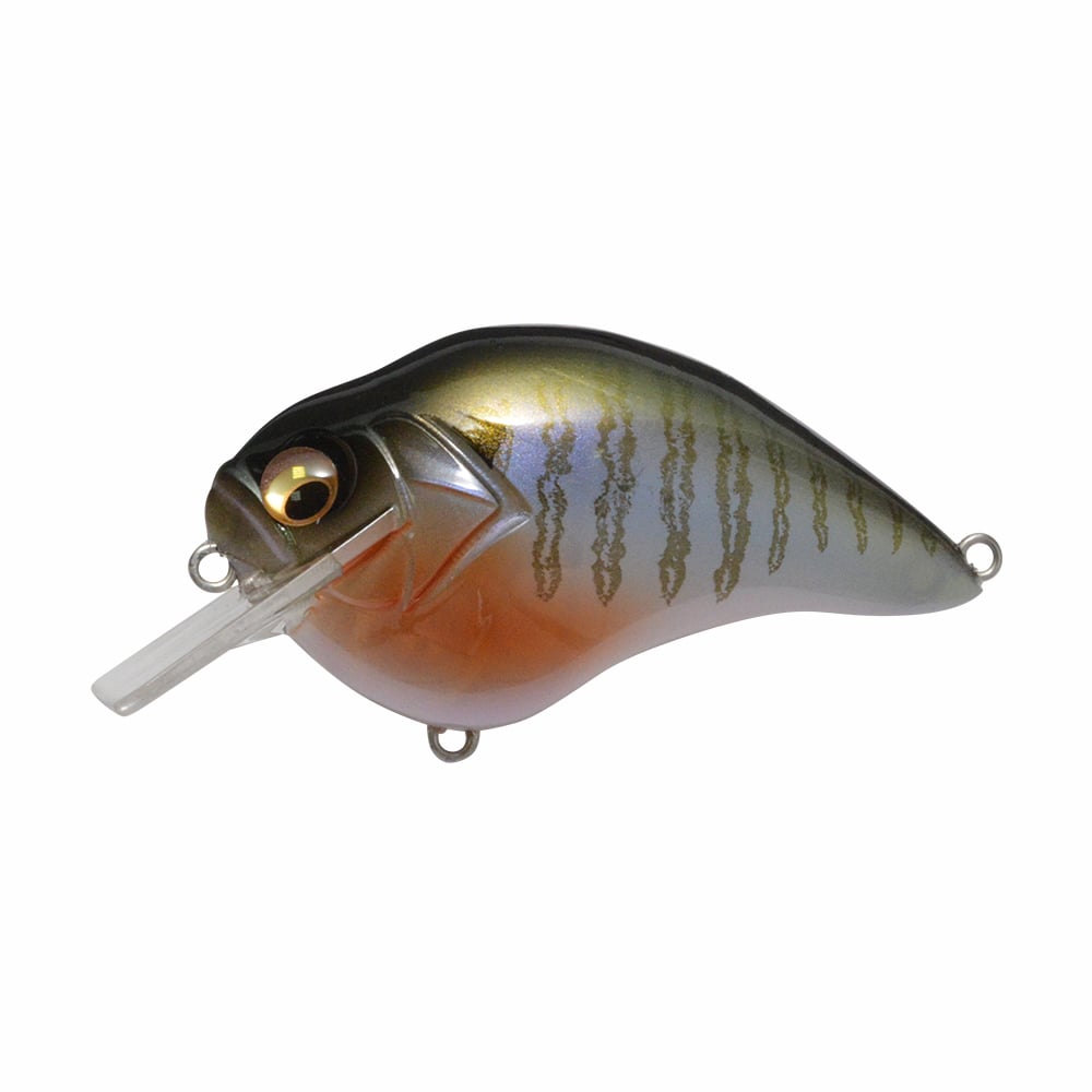 The Megabass S-Crank Squarebill Crankbait features a metallic, fish-shaped body in green, brown, and orange with black stripes, a large eye, and a clear plastic lip for diving.