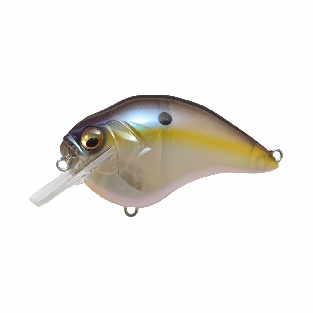 The Megabass S-Crank Squarebill Crankbait features a lifelike, multicolored design with a prominent eye, metallic finish, clear plastic lip, and attachment loops at the head and tail.
