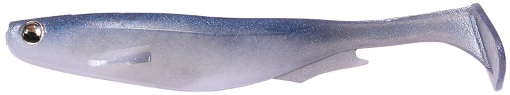 Introducing the Megabass Spark Shad Swimbait from Megabass: a soft lure shaped like a fish with a silvery white to blue gradient. Its paddle tail and realistic eye detail create high-frequency vibrations and shimmers, mimicking lively baitfish perfectly.