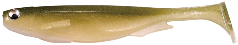 The Megabass Spark Shad Swimbait, from Megabass, is an olive-green soft plastic lure shaped like a small fish. It features a shiny eye and paddle tail designed to mimic live bait, emitting high-frequency vibrations for lifelike movement to attract fish.