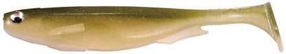 Explore the Megabass Spark Shad Swimbait. This realistic olive-colored lure resembles a small fish and features a shiny silver eye and a paddle tail that produces high-frequency vibrations, expertly designed to attract various fish species.