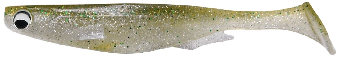 The Megabass Spark Shad Swimbait is a lifelike soft plastic lure that mirrors a small fish, featuring a translucent body with green and gold glitter. It has a prominent eye and paddle tail to produce high-frequency vibrations for realistic swimming action.