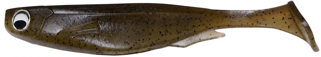 The Megabass Spark Shad Swimbait is a soft plastic lure resembling a small fish, with a brown body, black speckles, and a large cartoon eye. Its paddle-tail design creates high-frequency vibrations to mimic natural movement in the water.
