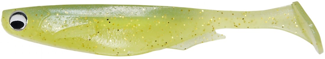 Yellow translucent fish-shaped fishing lure with glitter, realistic lateral eye, and high-frequency vibrations found in the Megabass Spark Shad Swimbait by Megabass.