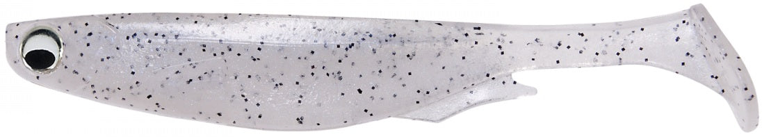 The Megabass Spark Shad Swimbait is a transparent soft plastic lure shaped like a small fish, producing high-frequency vibrations. Its subtle tail, black speckles, and prominent black and white eye precisely mimic live bait.