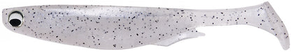 The Megabass Spark Shad Swimbait is a transparent soft plastic lure shaped like a small fish, producing high-frequency vibrations. Its subtle tail, black speckles, and prominent black and white eye precisely mimic live bait.
