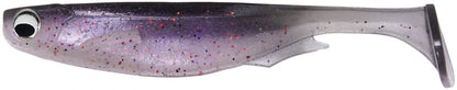 The Megabass Spark Shad Swimbait is a masterfully designed soft plastic lure shaped like a small fish, offering high-frequency vibrations. Its translucent body transitions from dark purple to light gray and is speckled with red and silver glitter for an irresistible appeal.