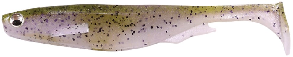 The Megabass Spark Shad Swimbait is a realistic, soft plastic lure resembling a small fish. It has a light green back with black speckles and a translucent belly. With lifelike eyes and a slender tail, it produces high-frequency vibrations to attract fish.