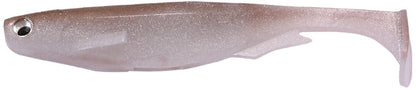 The Megabass Spark Shad Swimbait, a translucent fishing lure with a shimmery brown tint and prominent eye, mimics a small baitfish and generates high-frequency vibrations to attract your next big catch.