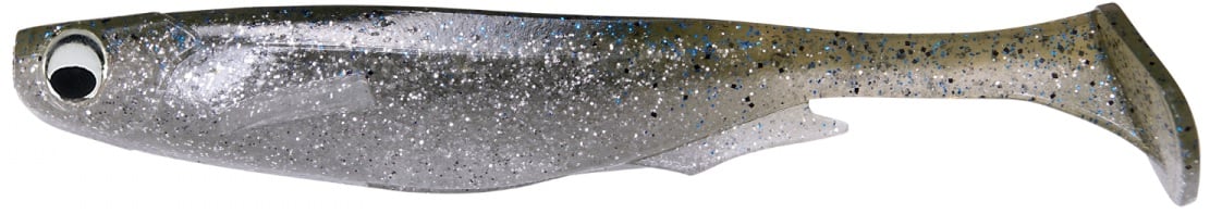 The Megabass Spark Shad Swimbait by Megabass is a soft plastic lure resembling a fish, with a shimmery silver body, black specks, and a large realistic eye. Its paddle-tail design emits high-frequency vibrations for lifelike swimming action.