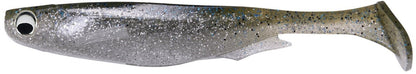 The Megabass Spark Shad Swimbait, a silver and gray soft plastic lure with a paddle tail and black eye, is speckled with glitter to resemble a small fish, generating high-frequency vibrations to lure in your catch.