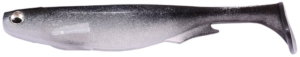 Experience the Megabass Spark Shad Swimbait: a lifelike, metallic silver and black lure shaped like a small fish, featuring a large reflective eye and paddle tail that creates high-frequency vibrations to mimic baitfish movement.