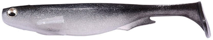 The Megabass Spark Shad Swimbait by Megabass is a fish-shaped, sleek, silver and black soft plastic lure with a large eye. It emits high-frequency vibrations to attract fish, making it an essential addition to any angler's tackle box.