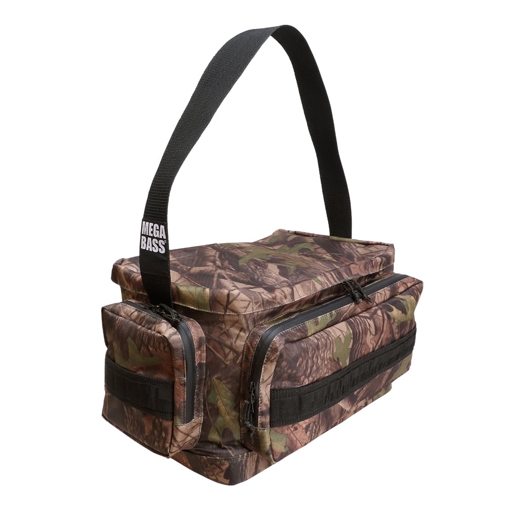 The Megabass Survival Bag II by Megabass features a camouflage pattern, black shoulder strap with "MEGA BASS" text, zippered front pocket, and rectangular shape—a military-style tackle bag that’s versatile for fishing.