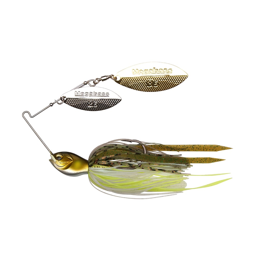 The Megabass SV-3 Double Willow Spinnerbait boasts a fish-shaped head in green and gold with "Megabass" labeled twin spinning blades. Its wire supports green and yellow tassels, resembling fish fins or bait for enhanced allure.