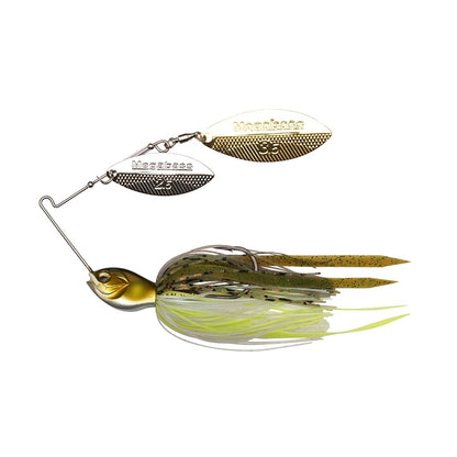 The Megabass SV-3 Double Willow Spinnerbait boasts a fish-shaped head in green and gold with "Megabass" labeled twin spinning blades. Its wire supports green and yellow tassels, resembling fish fins or bait for enhanced allure.