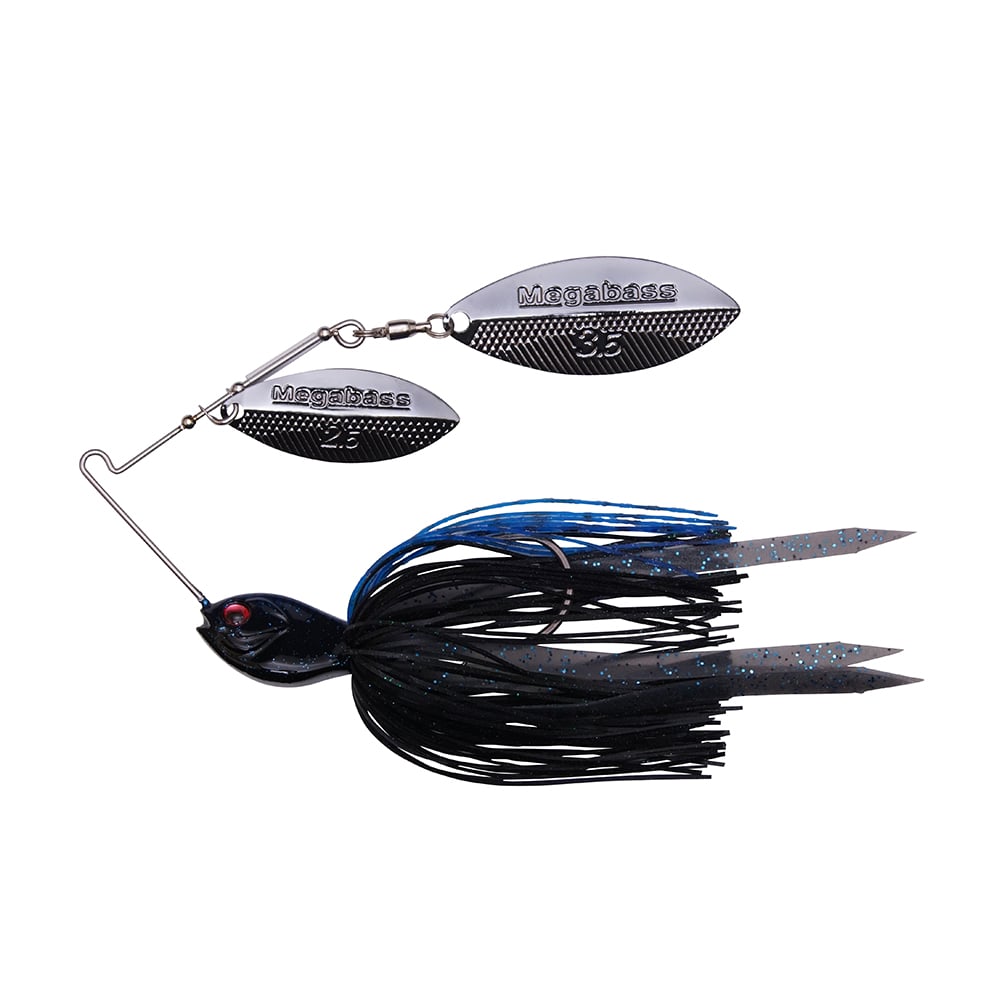Meet the Megabass SV-3 Double Willow Spinnerbait: a striking black and blue bait with two metallic, teardrop-shaped blades engraved with "Megabass" and "3," expertly crafted for peak performance on the LSAA Wired Platforming system.