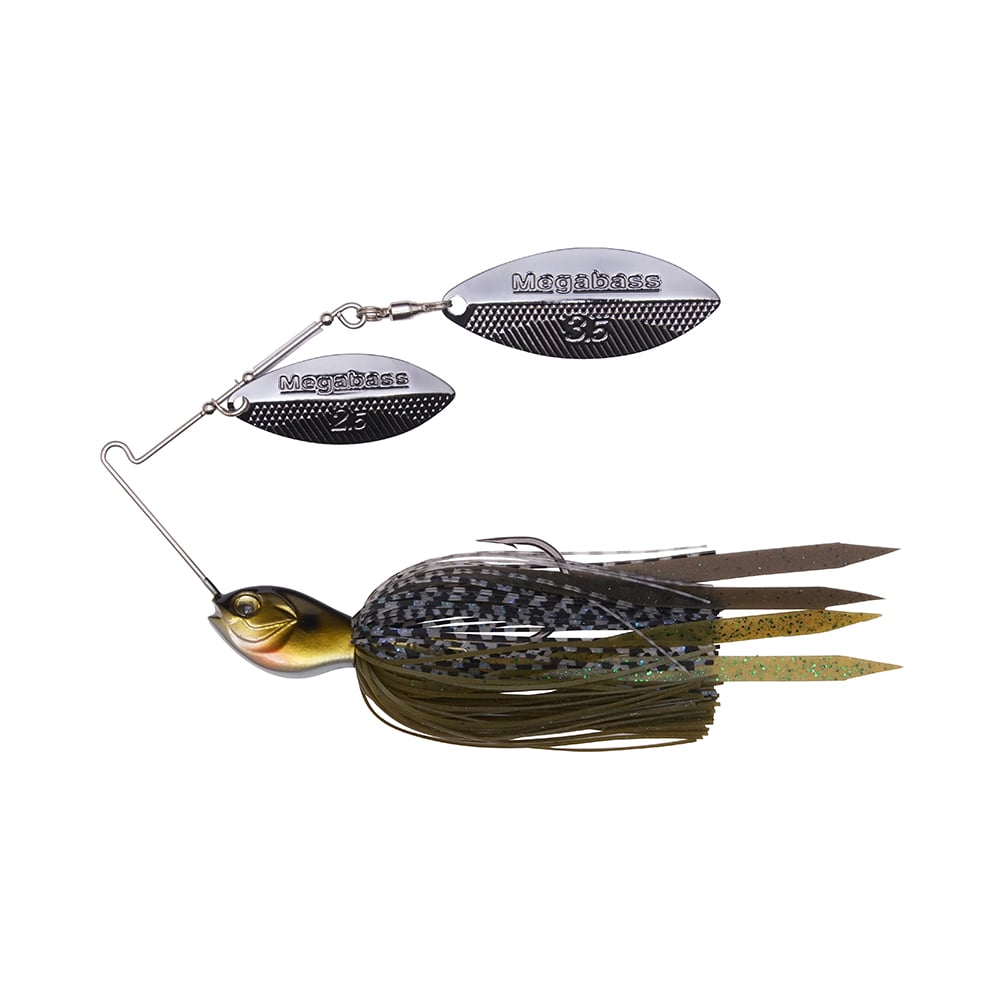 The Megabass SV-3 Double Willow Spinnerbait boasts a lifelike fish-shaped head, dual metallic blades, and multi-colored strands mimicking a fish body and tail, making it an enticing lure for successful fishing.