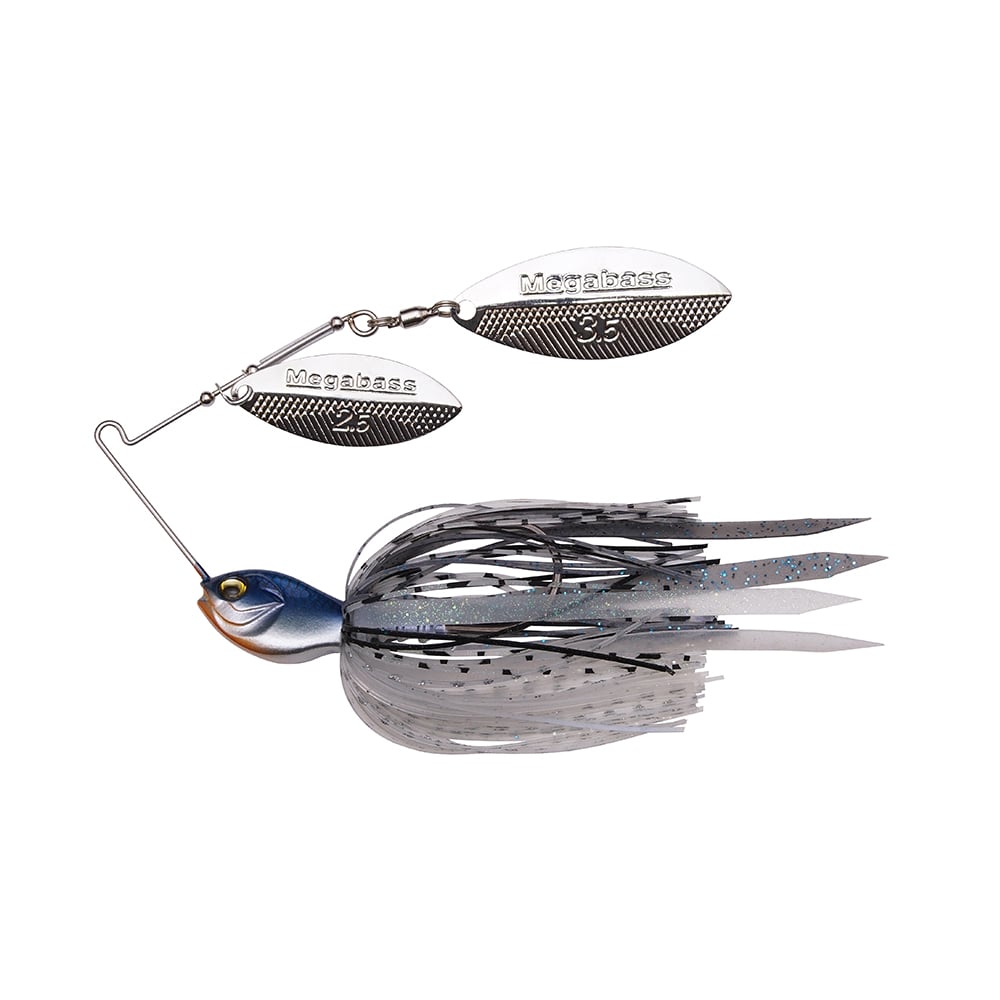 The Megabass SV-3 Double Willow Spinnerbait has silver blades with "Megabass" engraving and a blue-black jig head. Its gray speckled skirt imitates a small fish to attract catches easily.