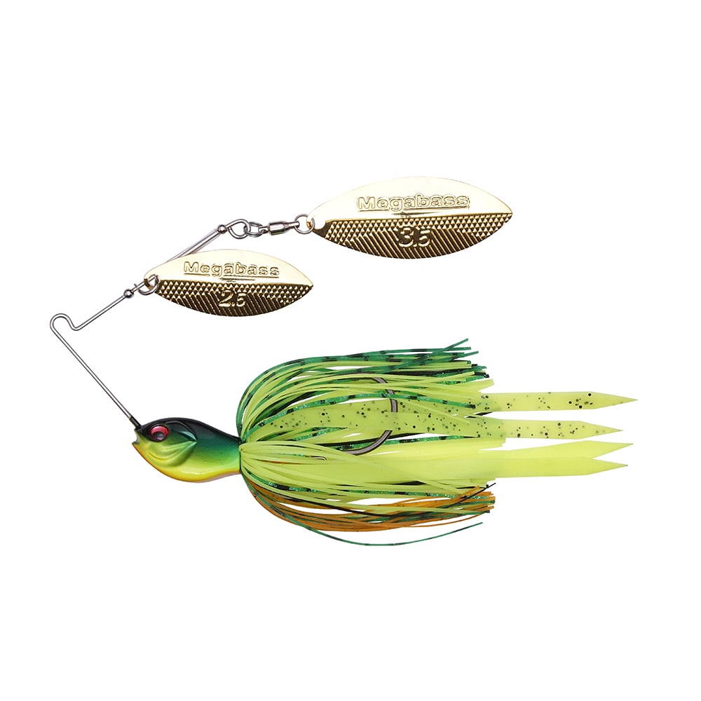 The Megabass SV-3 Double Willow Spinnerbait, featuring a green and yellow lure with engraved gold blades and vibrant multicolored skirt strands, is expertly crafted by Megabass to attract fish.
