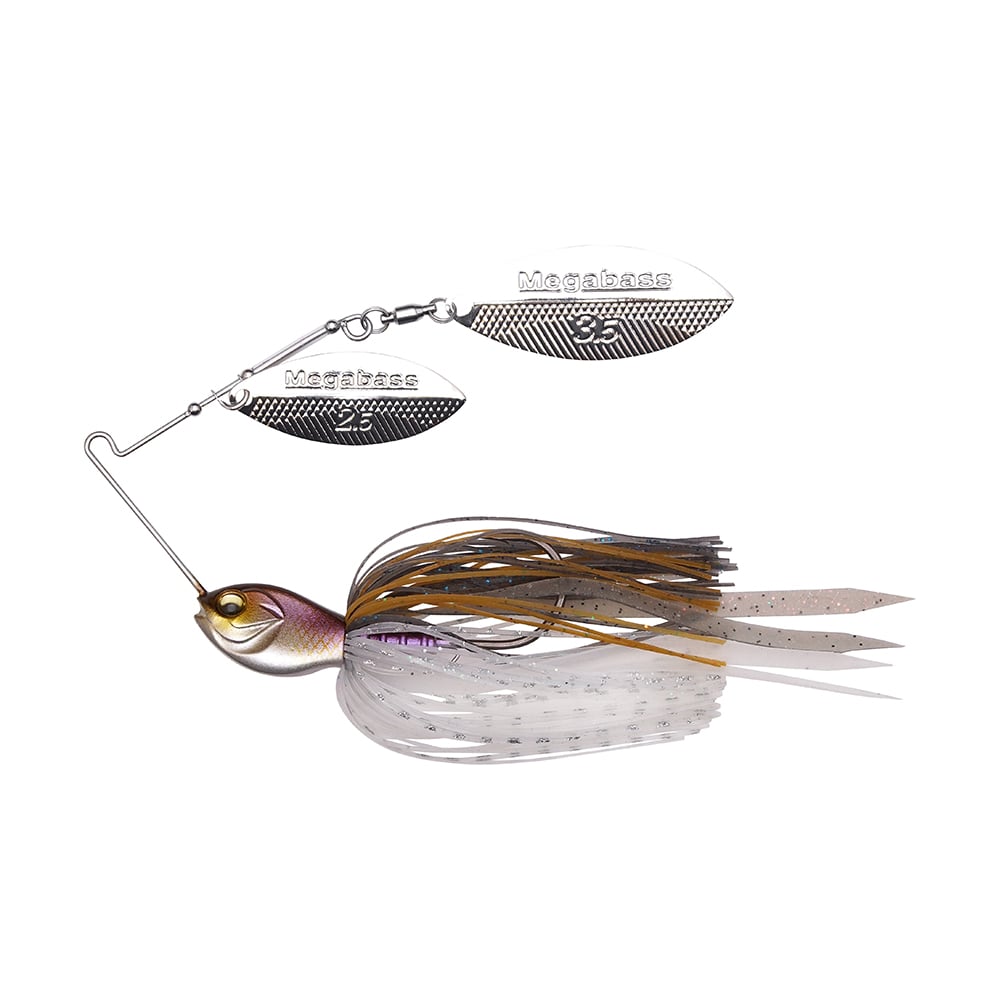 The Megabass SV-3 Double Willow Spinnerbait features a realistic fish head and a brown and white striped skirt. Two metal spinner blades, engraved with "Megabass" and textured like scales, enhance its lifelike allure by mimicking the fluid motion of this top-tier brand in water.