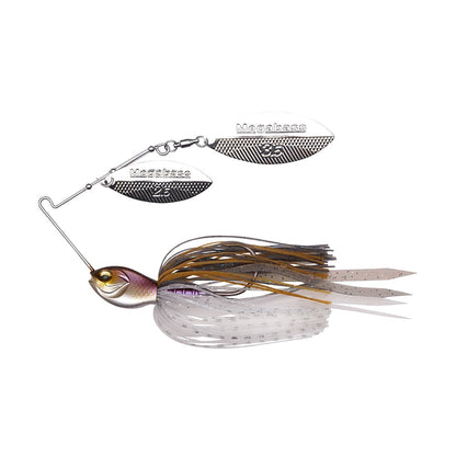 The Megabass SV-3 Double Willow Spinnerbait features a realistic fish head and a brown and white striped skirt. Two metal spinner blades, engraved with "Megabass" and textured like scales, enhance its lifelike allure by mimicking the fluid motion of this top-tier brand in water.