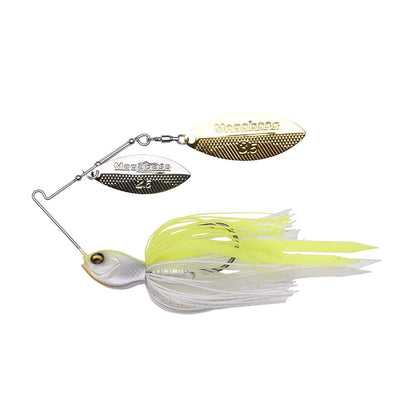 The Megabass SV-3 Double Willow Spinnerbait has a fish-shaped head, white/yellow skirt, and twin gold blades engraved with "Megabass," designed for superior fish attraction by replicating movement and reflecting light.