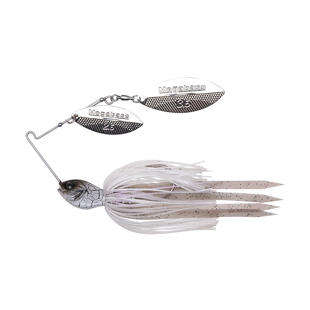 The Megabass SV-3 Double Willow Spinnerbait by Megabass features a cracked metallic head, two silver blades marked "Megabass" and "3/8," and a white speckled skirt-like tail.