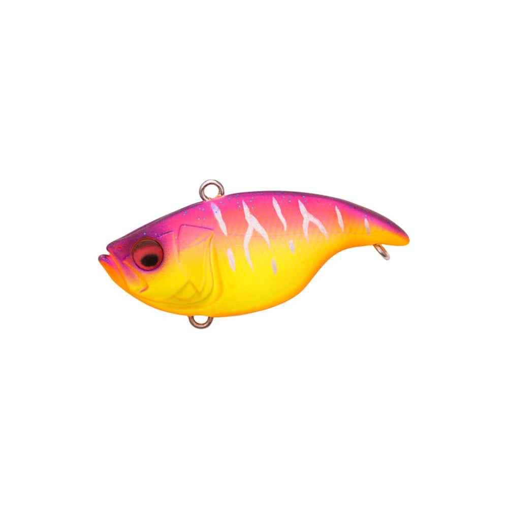 The Megabass Vibration-X Dyna Rattle Lipless Crankbait by Megabass features a fish-shaped body with a pink-purple to yellow gradient, white stripes, metal loops, and excels at evading structure.