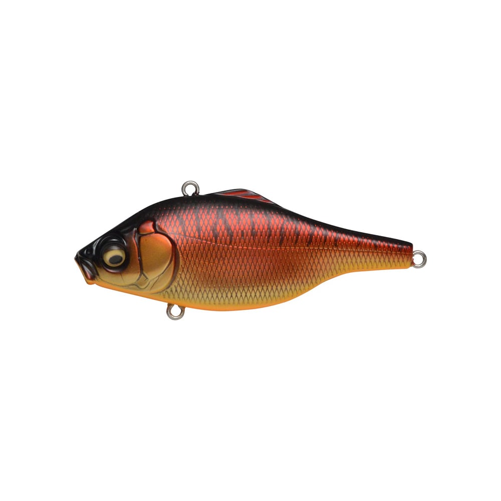 The Megabass Vibration-X Ultra (Rattle) by Megabass is a lifelike, fish-shaped lure with a shad profile, dark red-to-yellow gradient, realistic scales, internal balancers, and two metal rings for attaching hooks or line.