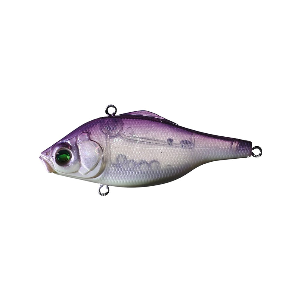 The Megabass Vibration-X Ultra (Rattle) by Megabass features a realistic bluegill/shad profile with a purple back, light belly, green eye, and metal attachment loops on top, bottom, and tail.