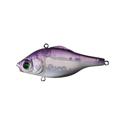 The Megabass Vibration-X Ultra (Rattle) by Megabass features a realistic bluegill/shad profile with a purple back, light belly, green eye, and metal attachment loops on top, bottom, and tail.