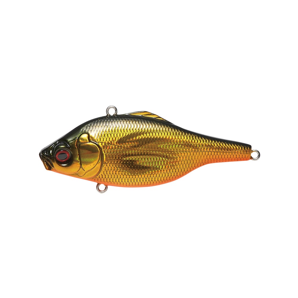 The Megabass Vibration-X Ultra (Rattle) by Megabass is a shiny, fish-shaped lure with a metallic gold-orange body, realistic scales, red-rimmed eyes, three attachment loops, and internal balancers for precise shad-like action.