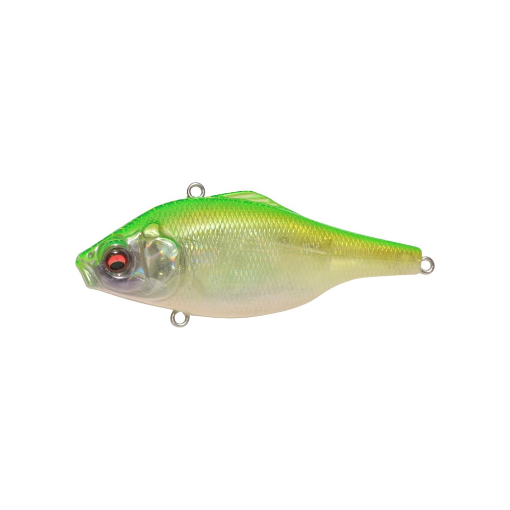The Megabass Vibration-X Ultra (Rattle) by Megabass is a realistic, fish-shaped lure with a green top, yellow sides, pale belly, red eye, bluegill/shad profile, internal balancers, and three metal attachment loops.