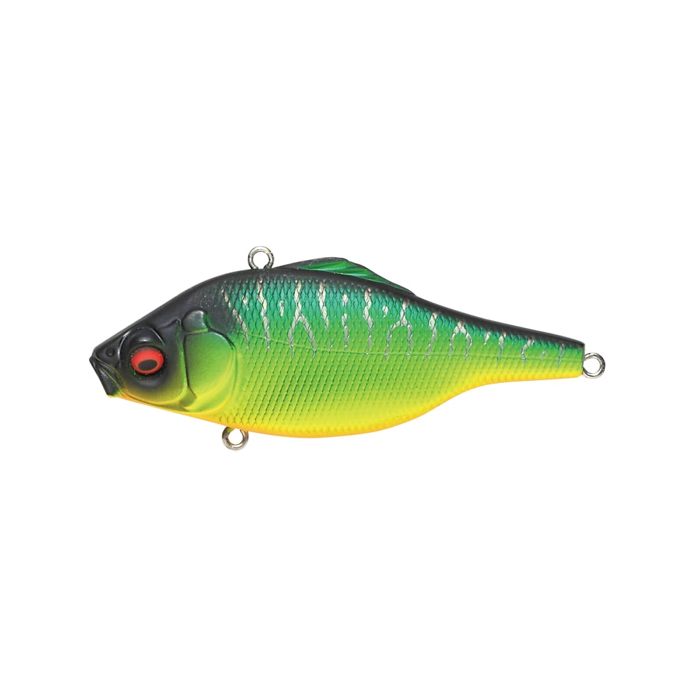 The Megabass Vibration-X Ultra (Rattle) fishing lure by Megabass features a realistic bluegill/shad profile with a gradient green top, yellow bottom, black back, red eyes, and metal loops for attaching hooks and line.