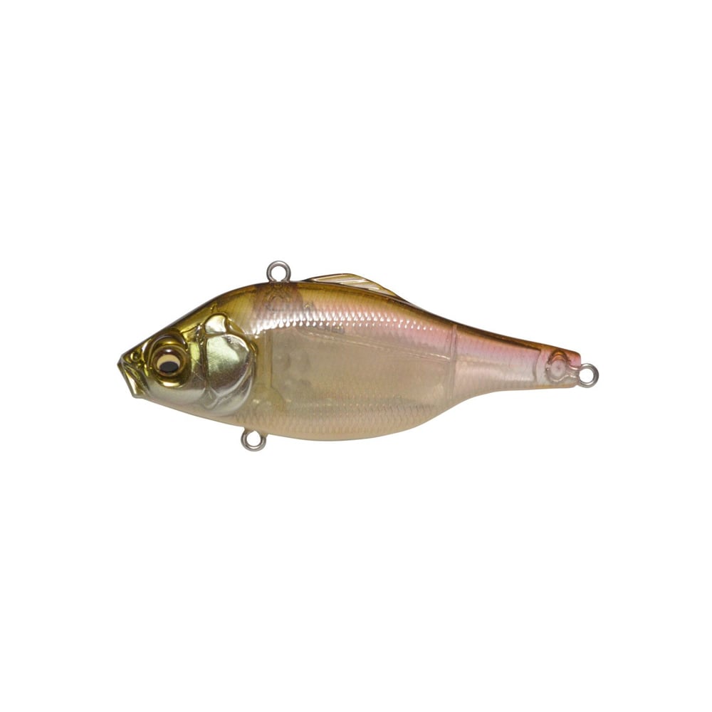 The Megabass Vibration-X Ultra (Rattle) by Megabass is a lifelike, fish-shaped lure featuring a metallic gold and silver body, round eyes, internal balancers, and attachment rings to imitate a small baitfish.