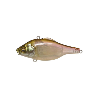 The Megabass Vibration-X Ultra (Rattle) by Megabass is a lifelike, fish-shaped lure featuring a metallic gold and silver body, round eyes, internal balancers, and attachment rings to imitate a small baitfish.