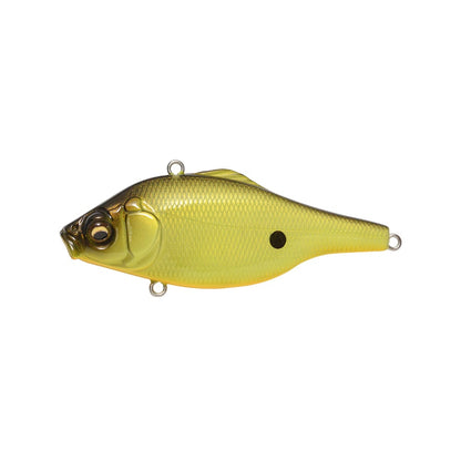 A yellow-green Megabass Vibration-X Ultra (Rattle) fishing lure by Megabass, fish-shaped with a black spot, textured scales, bluegill/shad profile, and three metal attachment loops, shown on a white background.