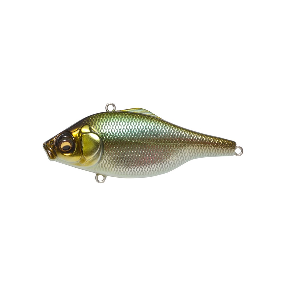 The Megabass Vibration-X Ultra (Rattle) by Megabass is a realistic, metallic-colored fishing lure with a shiny gold-green finish, detailed scales, internal balancers, and attachment rings on top and bottom.