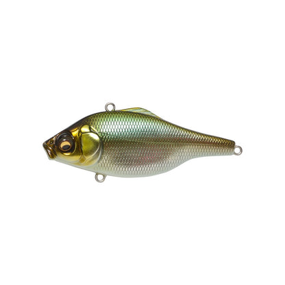 The Megabass Vibration-X Ultra (Rattle) by Megabass is a realistic, metallic-colored fishing lure with a shiny gold-green finish, detailed scales, internal balancers, and attachment rings on top and bottom.