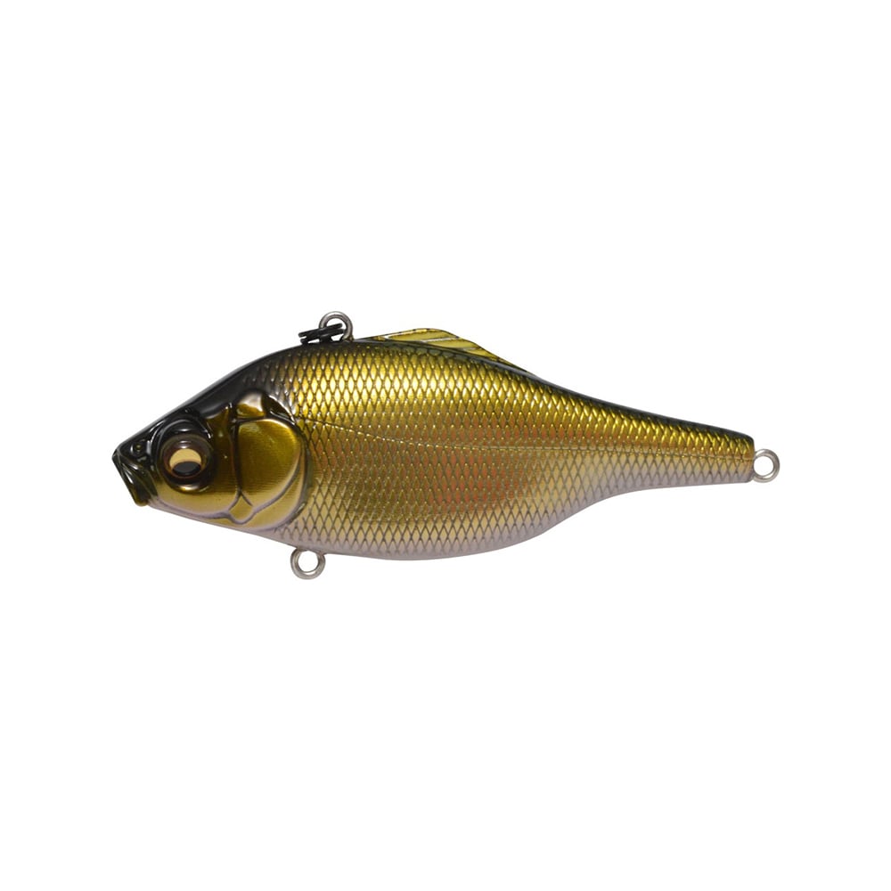 The Megabass Vibration-X Ultra (Rattle) is a gold and dark brown, fish-shaped lure from Megabass featuring a realistic bluegill/shad profile, lifelike scales and eyes, plus two metal loops for attaching hooks or line.