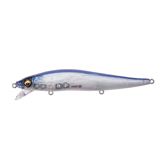 A blue and silver, fish-shaped jerkbait with a realistic eye, clear plastic lip, and multiple attachment rings—like the Megabass Ito Vision 110 SR GP Pro Blue by Megabass.