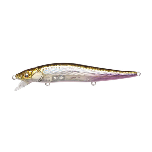 The Megabass Ito Vision 110 SR HT Ito Wakasagi is a lifelike jerkbait shaped like a small fish, with a shiny gold and silver body, clear plastic lip, and three metal rings—ideal for shallow running presentations.